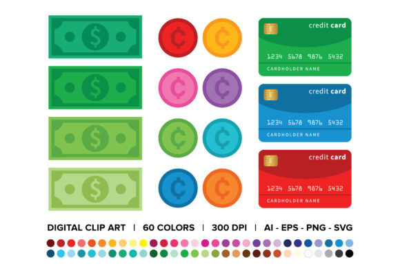 Dollars, Cents, Credit Cards Clip Art for Modern Web Design